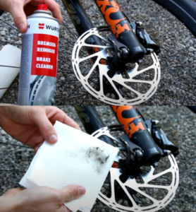 Scheibenbremse vom Fahrrad mit Bremsenreiniger reinigen
