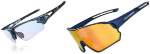 Vergleichsbild Fahrradbrille mit einteiligen Brillengläsern und MTB-Brille mit zwei geteilten Gläsern